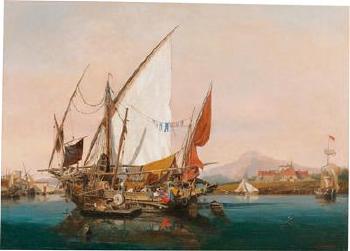 Sailors loading a ship in a southern harbour by 
																			Ambroise Louis Garneray